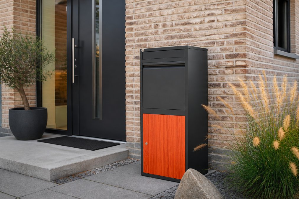 Luxe pakketbrievenbus Berlijn geplaatst aan voorkant van een moderne woning met natuurlijk daglicht, voordeur zichtbaar op achtergrond, elegant design dat aansluit bij huisstijl