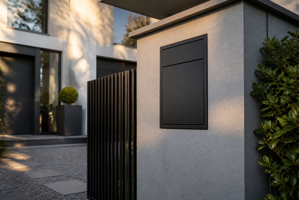 A sleek matte black parcel letterbox flush-mounted into the rendered facade of a contemporary Dutch villa, surrounded by clean architectural lines, steel window frames, and warm amber outdoor lighting at dusk