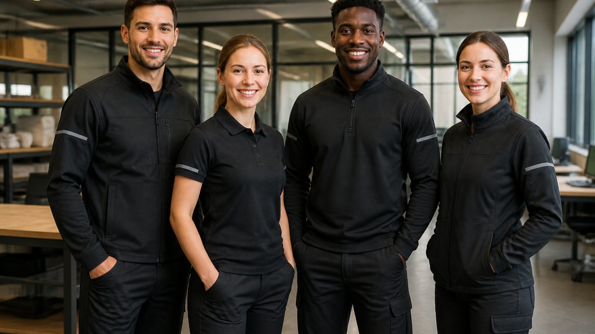 Professional team wearing branded workwear with correctly positioned logos on chest and sleeves, demonstrating consistent placement across different uniform styles in modern workplace setting