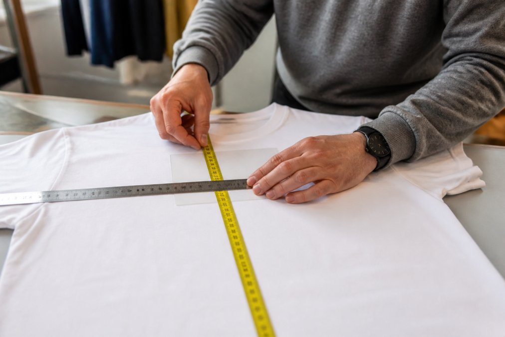 Professional demonstrating logo placement measurement on white t-shirt using ruler and measuring tape, hands carefully positioning template on fabric laid flat on table with natural lighting