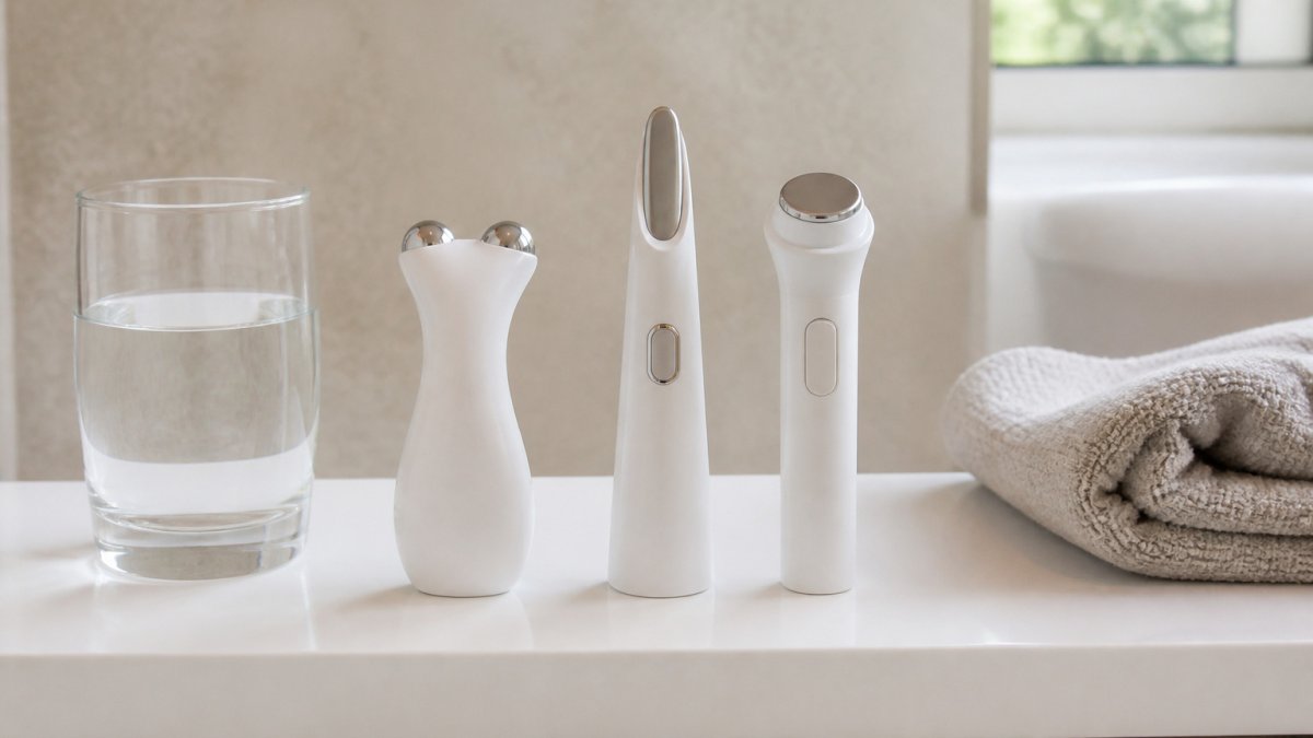 Drei kompakte Beauty-Geräte auf einem weißen Badregal neben einem Glas Wasser und einem gefalteten Handtuch.