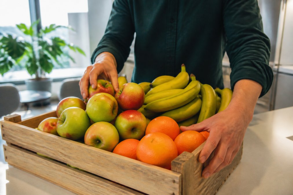 Close-up of hands arranging fresh apples, bananas and oranges in a wooden crate on a bright office kitchen counter, soft daylight from a window