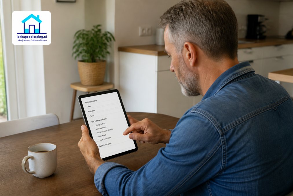Huiseigenaar vult op een tablet gegevens in om een lekdetectie expert boeken aan de keukentafel met een kopje koffie.