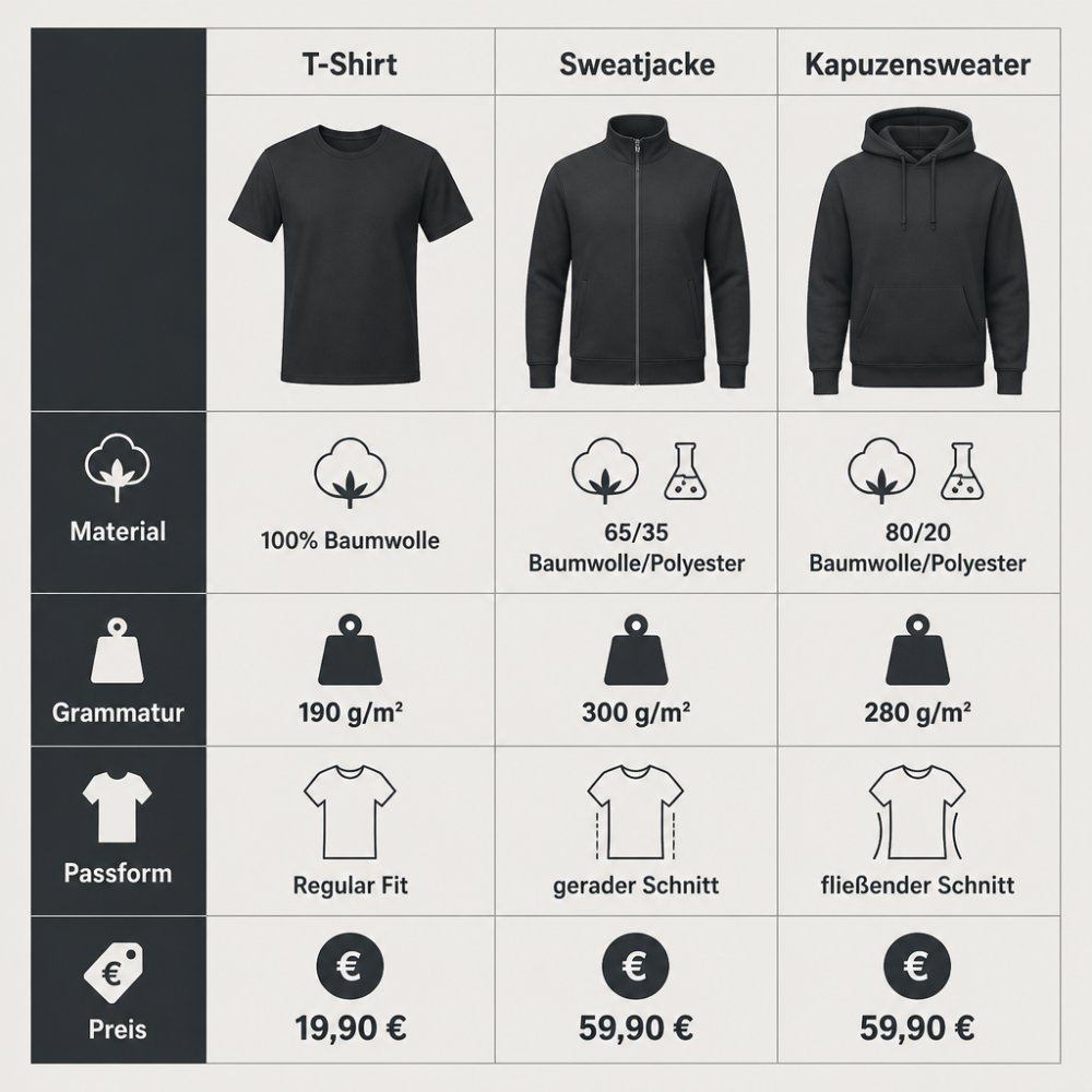 Vergleichsmatrix der drei Müllrose-Produkte: T-Shirt (19,90 €, 190 g/m², 100% Baumwolle, Regular Fit), Sweatjacke (59,90 €, 300 g/m², 65/35 Baumwolle/Polyester, gerader Schnitt), Kapuzensweater (59,90 €, 280 g/m², 80/20 Baumwolle/Polyester, fließender Schnitt) mit Spalten für Material, Grammatur, Passform und Preis