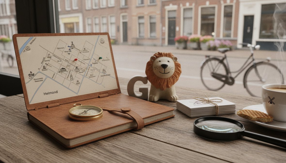 Close-up van een smartphonescherm met een Google Bedrijfsprofiel van een lokaal Helmonds bedrijf, met sterbeoordelingen, openingstijden, foto's en een kaartspeld zichtbaar in warm daglicht