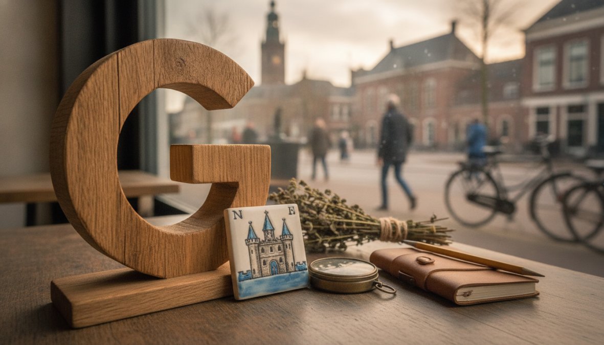 Twee lokale ondernemers die elkaar de hand schudden voor een kleine winkel in een Nederlands stadscentrum, met een zonnige straat op de achtergrond en een etalage met handgemaakte producten zichtbaar