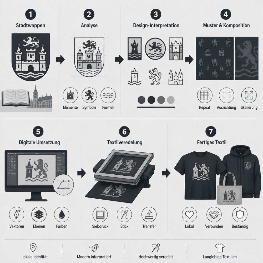 Prozessdiagramm zur Transformation historischer Stadtwappen in moderne Mode für mehr lokale Verbundenheit.