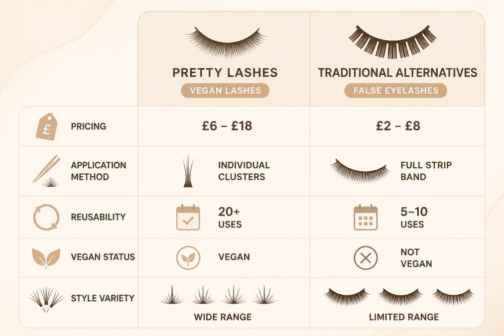 Comparison matrix showing pricing, application method, reusability, vegan status, and style variety for Pretty Lashes products vs traditional alternatives
