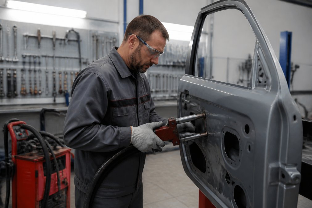 A technician in a clean, professional auto body shop using a modern spot welder on a vehicle door panel, organized tool boards and bright overhead lighting visible in the background