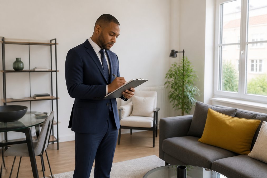 A professional property manager in smart attire conducting an inspection inside a bright, modern London flat, holding a clipboard and checking the condition of the interior