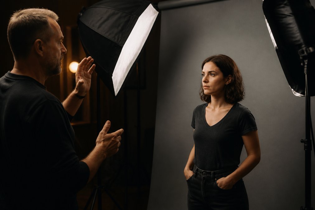 Professional actor in modern studio with controlled three-point lighting setup, neutral grey backdrop, looking directly at camera with confident expression