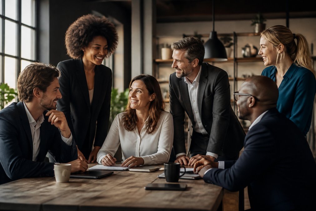 Diverse group of business professionals in business attire, posed naturally in modern office setting with natural window lighting, relaxed confident expressions