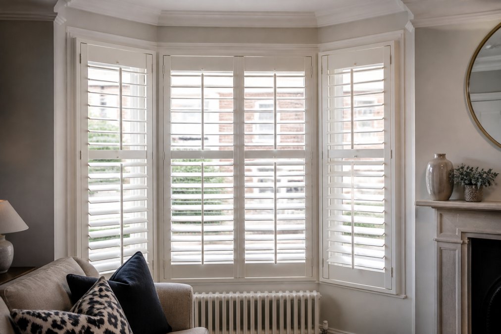 A bay window in a period London terrace with bespoke fitted plantation shutters, showing the angled side panels and a tilt rod, soft daylight filtering through the slats