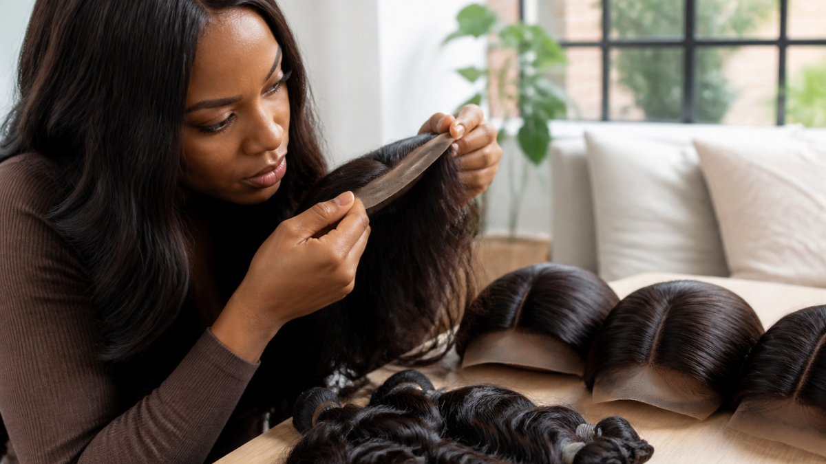 Woman inspecting the natural lace hairline of a wig in a bright home studio setting