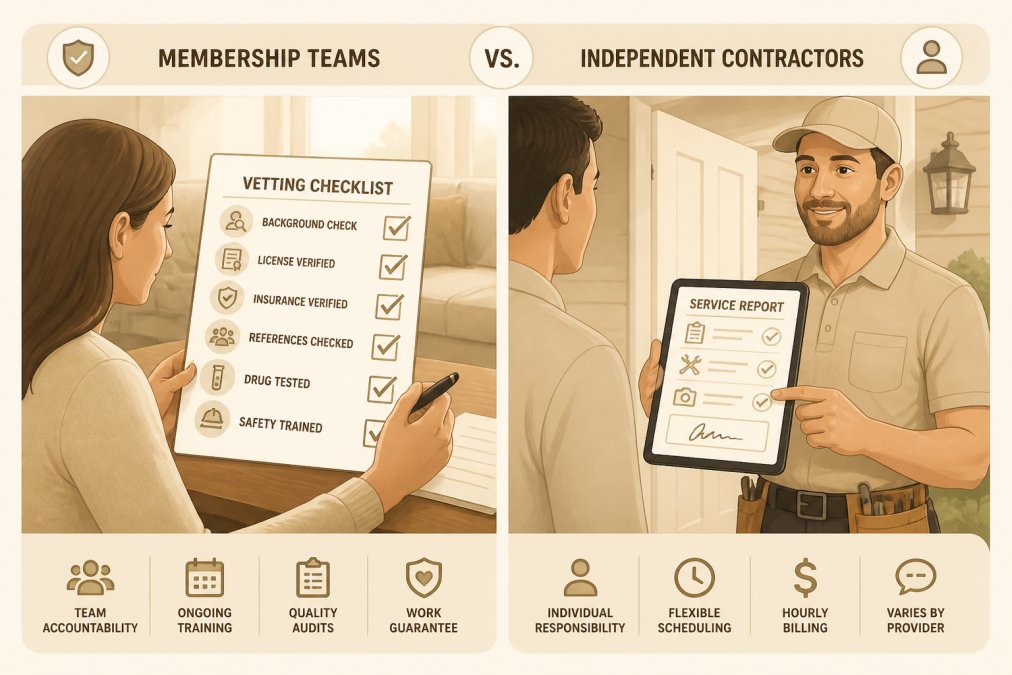 Side-by-side comparison showing homeowner reviewing vetting checklist on one side and technician in branded uniform presenting digital service report on tablet on the other