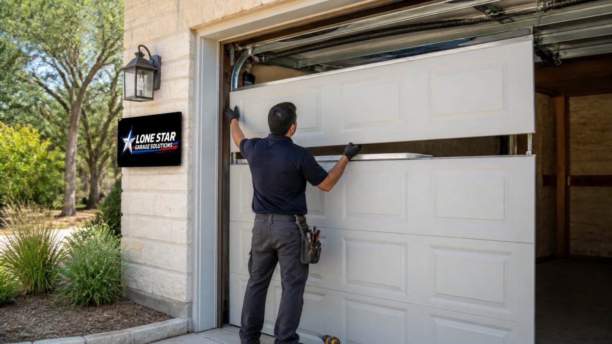 Professional technician installing a new residential garage door on a Hill Country home, carefully aligning panels and testing smooth operation with precision tools visible