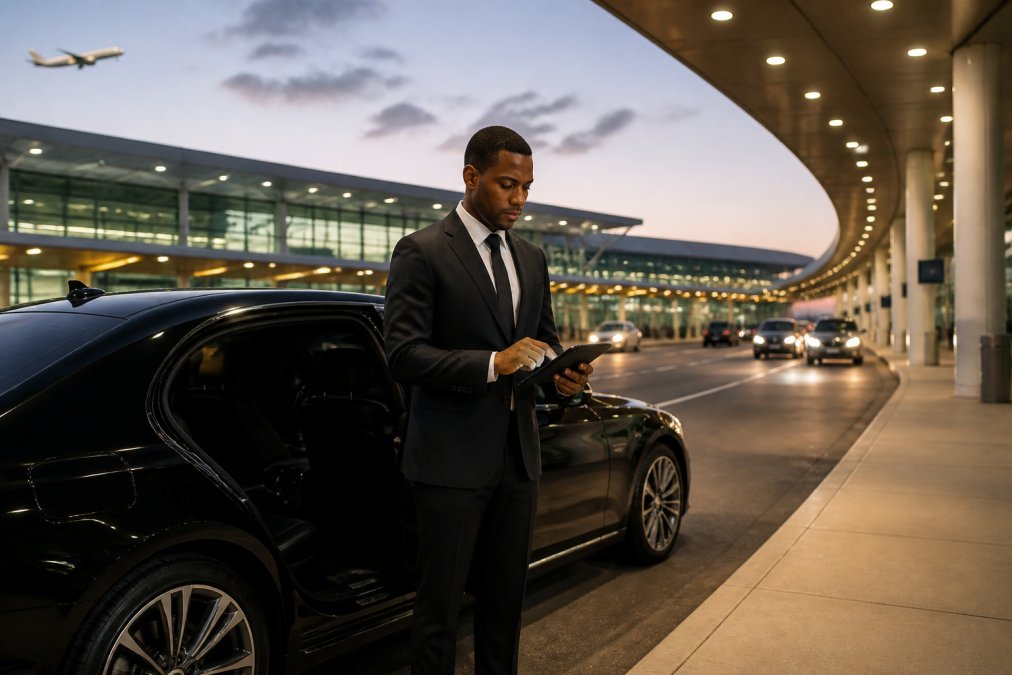 A professional chauffeur in a dark suit standing beside a black luxury sedan, holding a tablet and reviewing a schedule outside a modern airport terminal at dusk