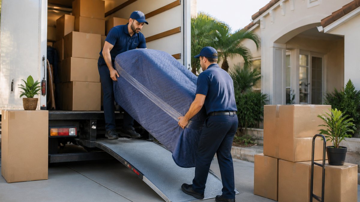 Professional movers in uniforms loading cardboard boxes and furniture wrapped in protective blankets into a moving truck in daylight