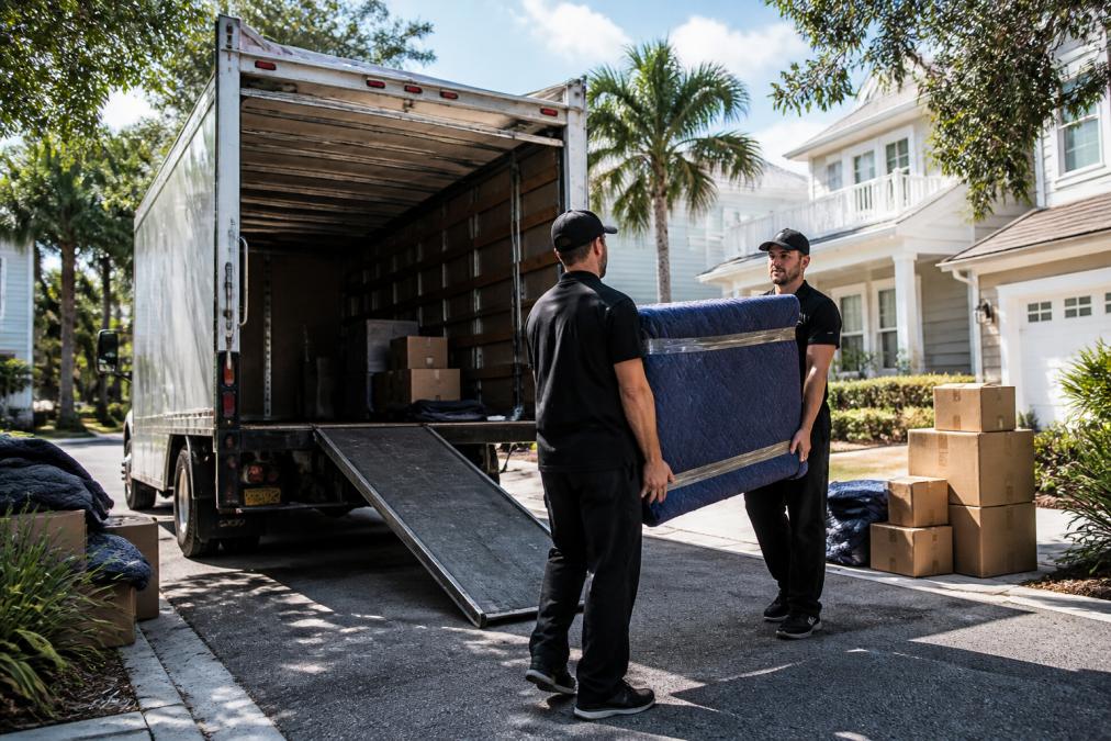 Long Distance Moving Companies Jacksonville: 2026 Guide 1 Professional moving crew in branded uniforms loading household furniture and boxes into a white moving truck on a sunny Jacksonville residential street