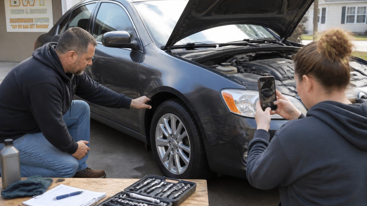 Vehicle owner inspecting car's exterior and tires before transport, documenting vehicle condition with smartphone camera, checking fluid levels under the hood in driveway
