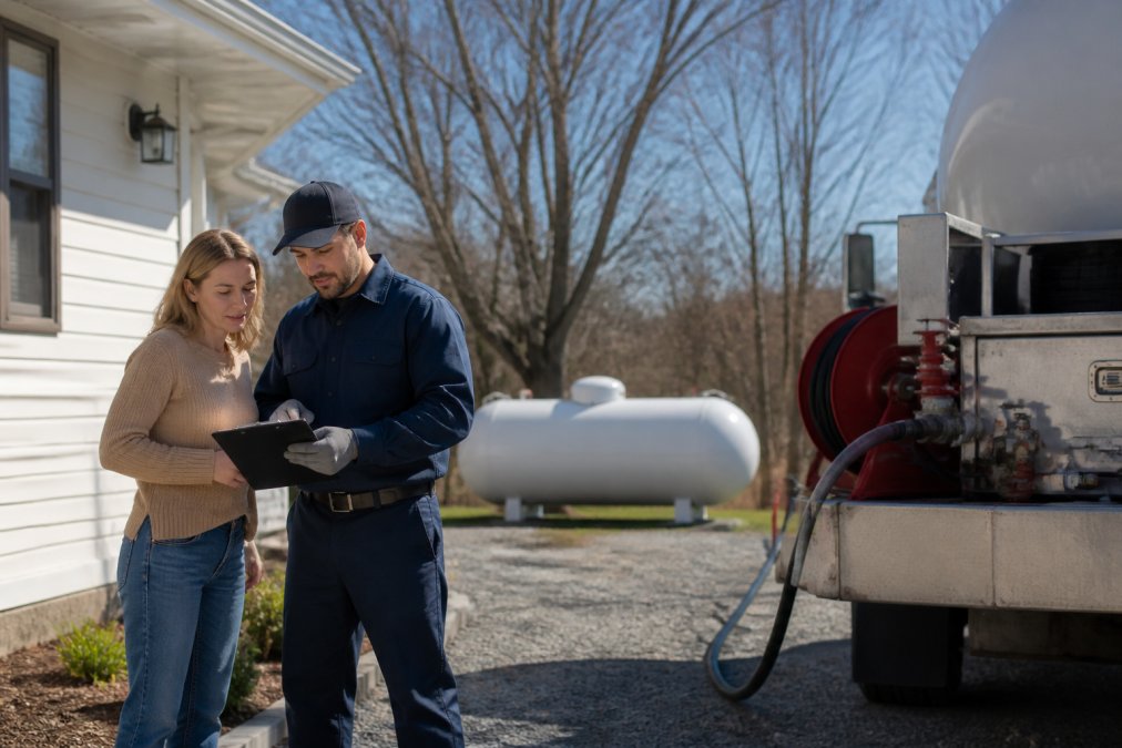 A homeowner standing outside their house with propane tank visible in background, reviewing service options with a technician preparing delivery equipment nearby on a clear day