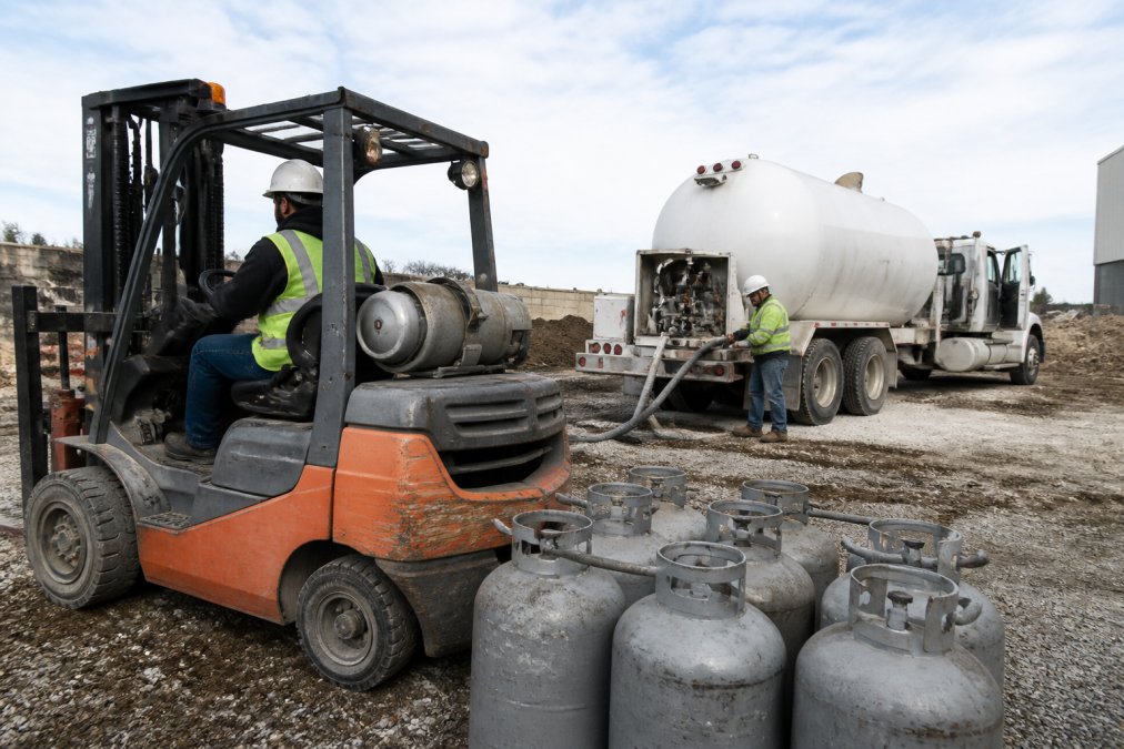 A construction site showing a forklift being serviced with propane cylinders stacked nearby, and a propane delivery truck in the background with workers managing equipment