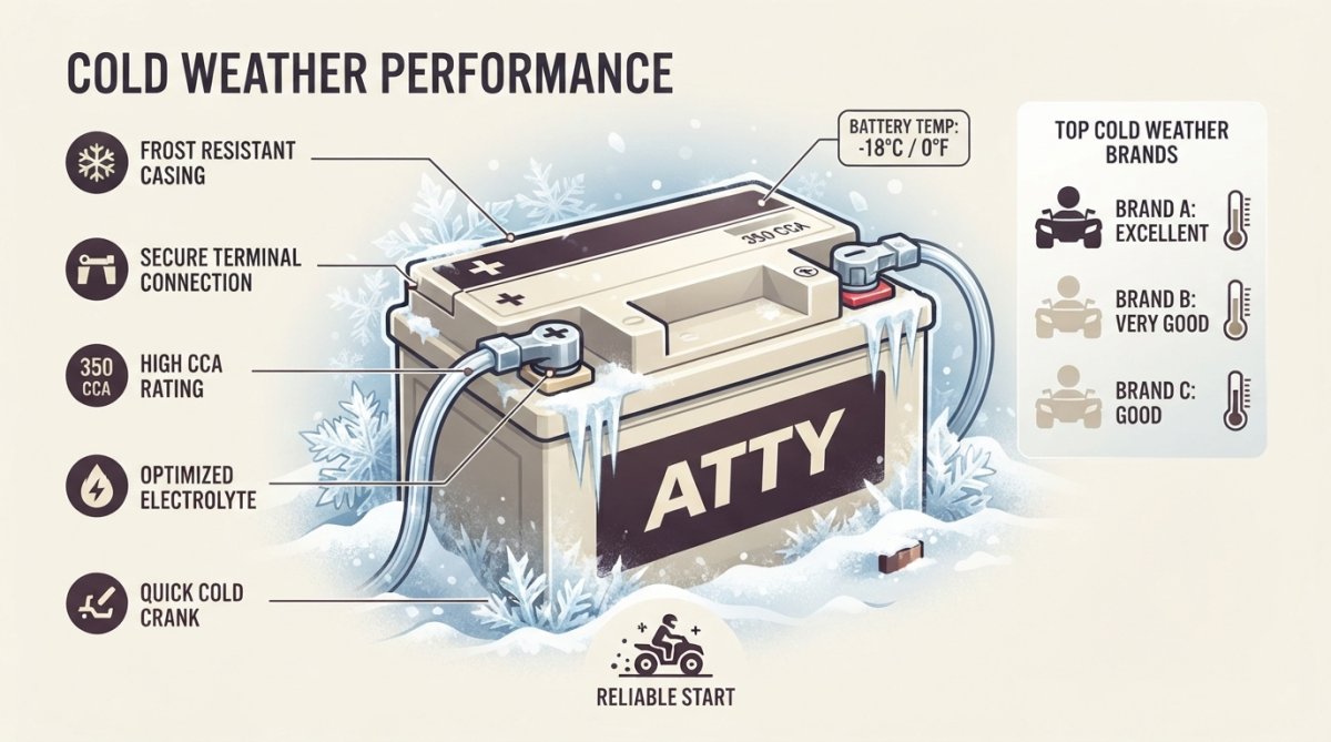 Close-up of an ATV battery with frost and snow crystals around the terminals, mounted on an ATV frame in winter conditions, showing the connection points clearly