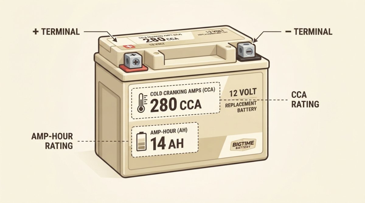 Close-up of an ATV battery terminal configuration showing CCA rating label and amp-hour capacity markings on the battery case