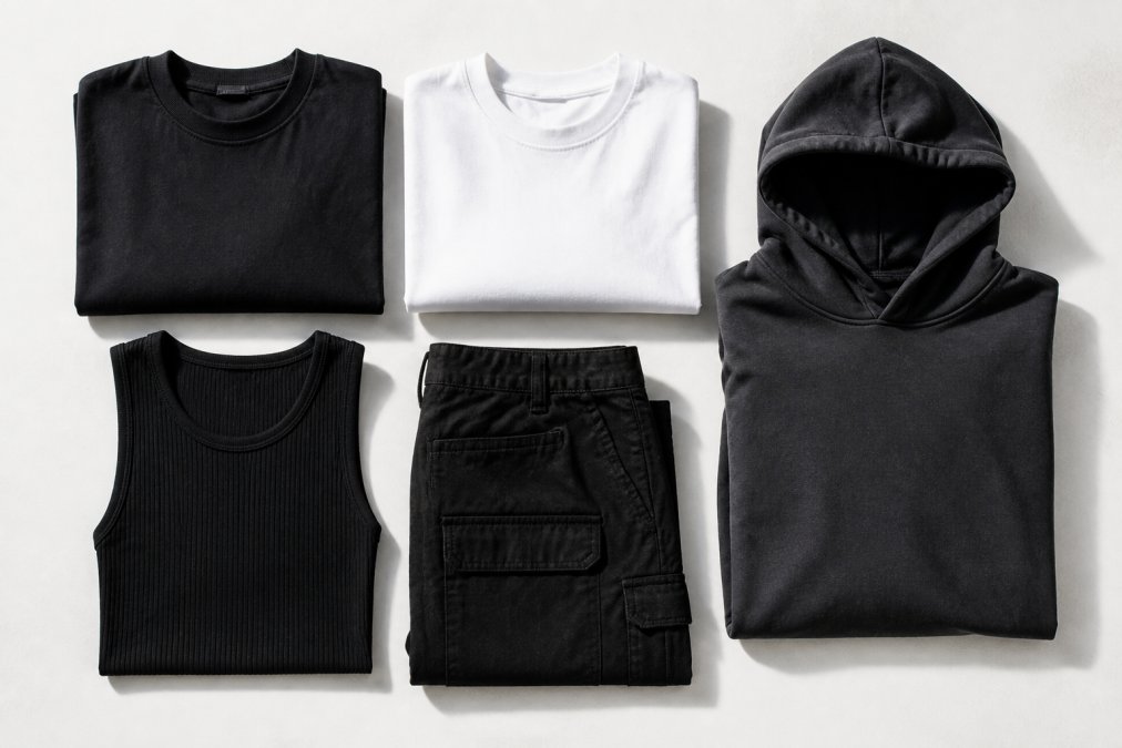 Flat lay of folded black and white heavy oversized tees, a ribbed tank top, a dark organic hoodie, and black cargo pants arranged neatly on a clean white surface in bright natural light