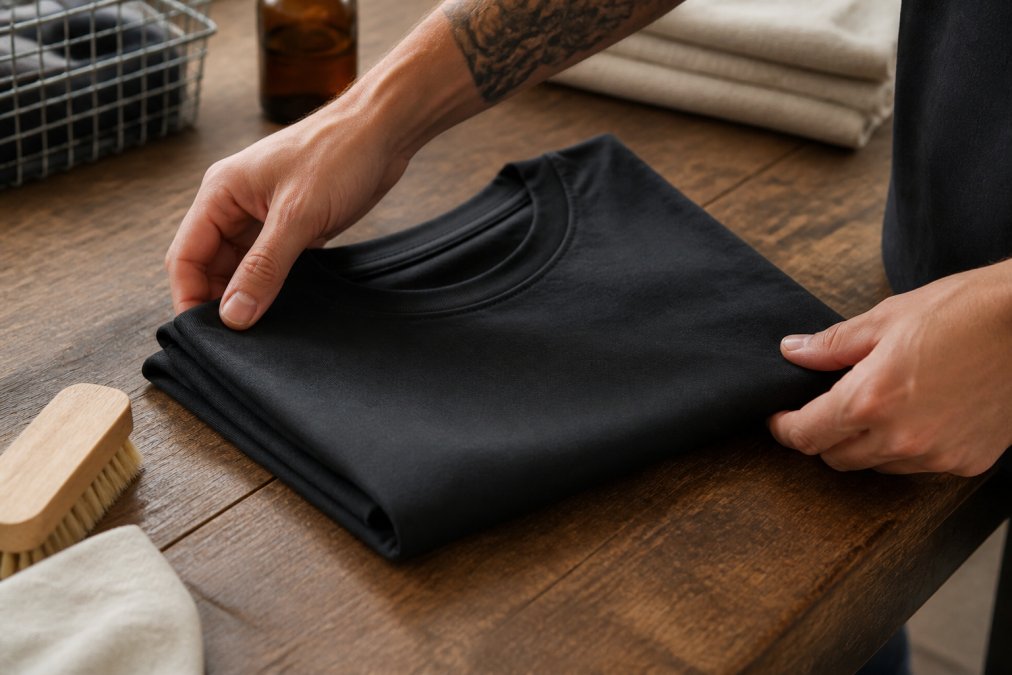 Close-up of hands carefully folding a thick black cotton oversized tee on a wooden surface, with a small laundry care label visible in natural light, conveying deliberate garment maintenance