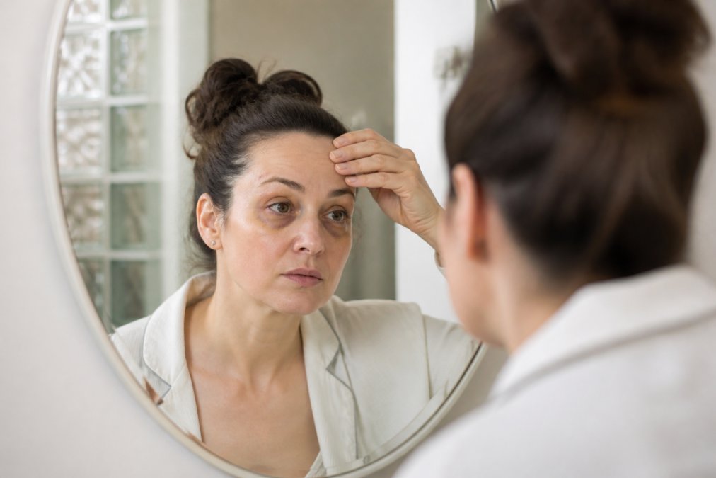 Person examining their forehead and brow area in a mirror during early recovery, with visible but fading bruising around the eyes, natural morning bathroom lighting, peaceful home setting