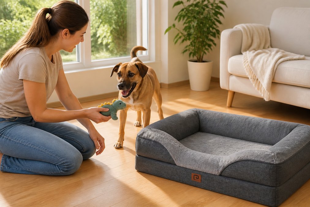 Dog owner training a medium-sized dog with a toy, redirecting chewing behavior away from the bed in a bright home setting with natural sunlight