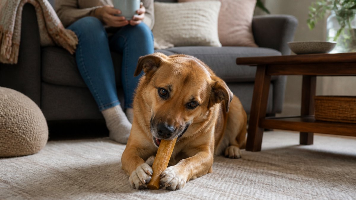 A medium-sized dog lying on a cozy living room rug, holding a dense rolled chew between its front paws while a person sits nearby on the sofa with a cup of tea