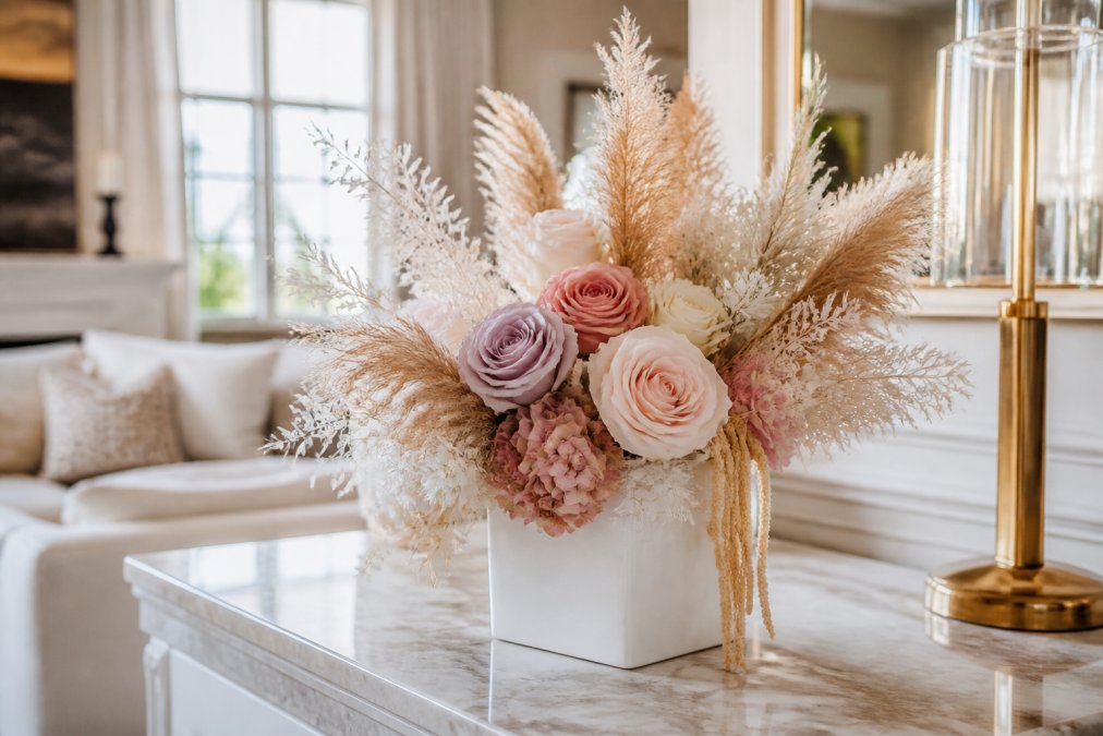 Infographic showing the preservation process of roses and pampas grass for year-round floral home decor arrangements.