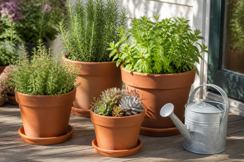 Terra cotta plastic pots and garden accessories on a sunlit wooden deck with a watering can nearby