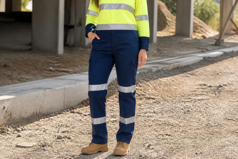 Close-up of construction worker wearing hi vis work pants and shirt with reflective tape strips clearly visible under daylight, showing 5cm tape width positioned on legs and torso, with natural outdoor lighting highlighting the fluorescent yellow and reflective bands