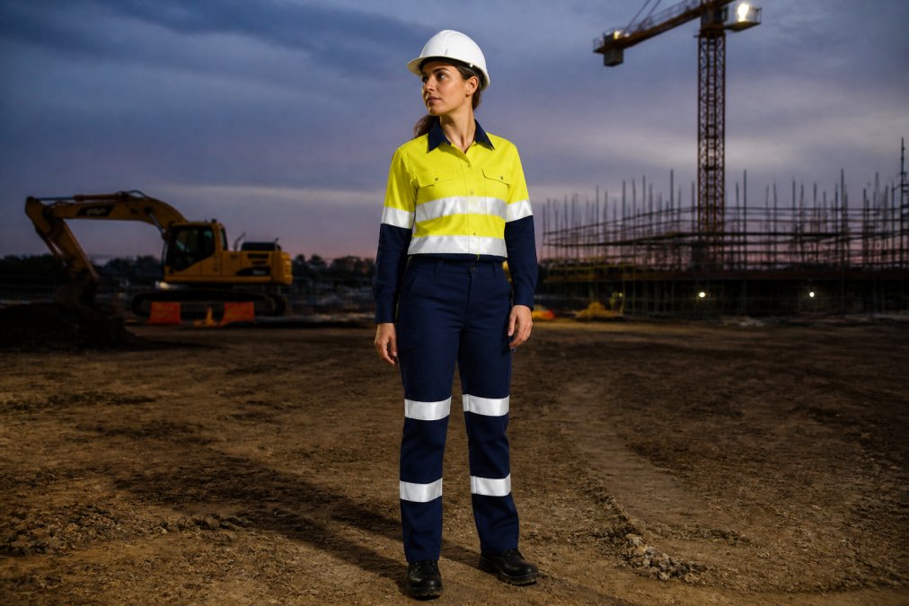 Construction worker in full hi vis workwear with clearly visible reflective tape on site during dusk or low-light conditions, demonstrating visibility and reflectivity performance with natural lighting showing the tape's brightness and reflective properties