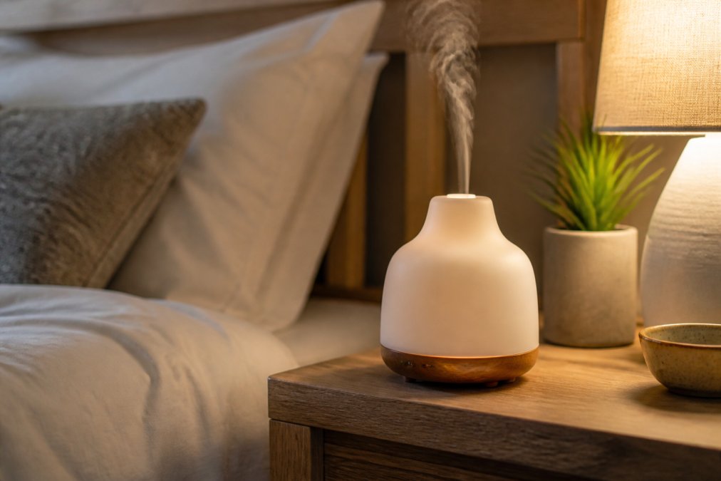 A modern ultrasonic essential oil diffuser on a wooden nightstand beside a bed, with soft mist visible and warm ambient lighting in a cozy bedroom
