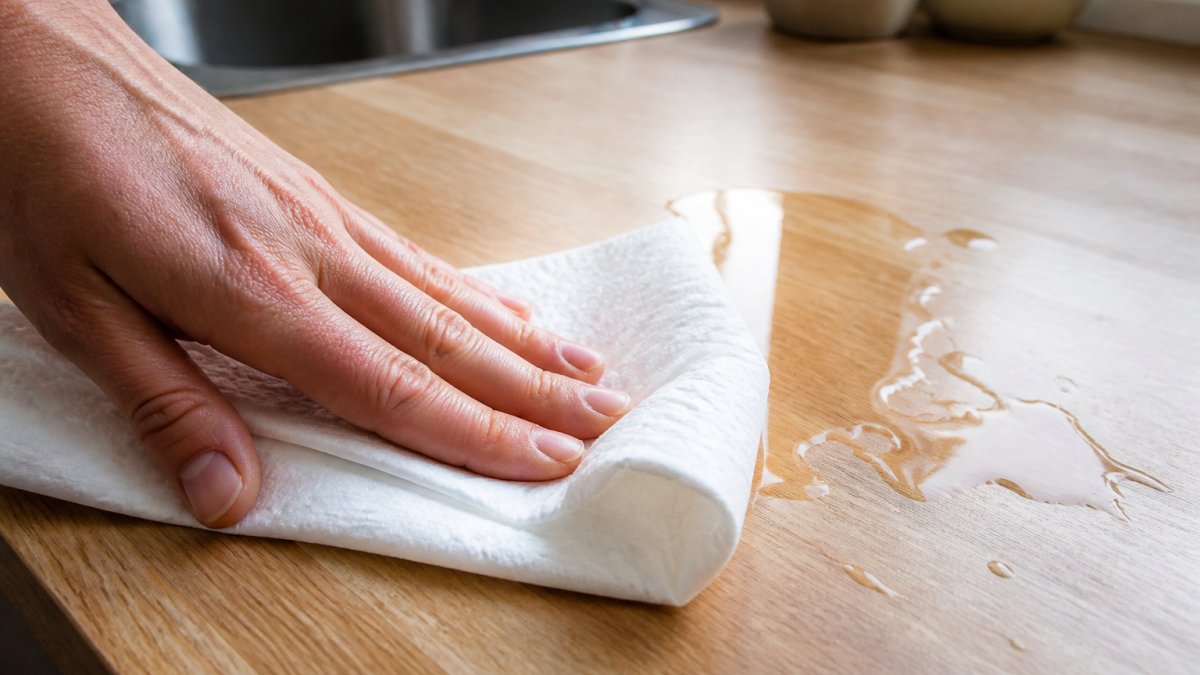 Close-up of a hand wiping a kitchen worktop with premium kitchen roll, showing the paper's thickness and strength as it absorbs spilled liquid
