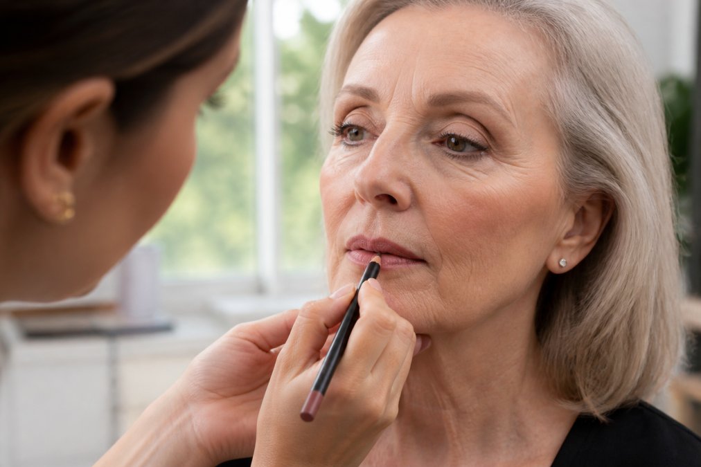 Step-by-step guide to applying long-lasting lip color for mature skin by defining thinning lips and fine lines.