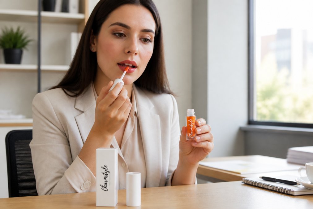 Professional woman applying long-lasting lip stain with precision brush at her desk in morning light, showing proper technique with steady hand and focused expression