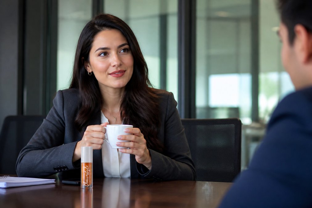 Professional woman in business attire at conference table holding coffee cup, showing natural work-appropriate lip stain shade while engaged in conversation