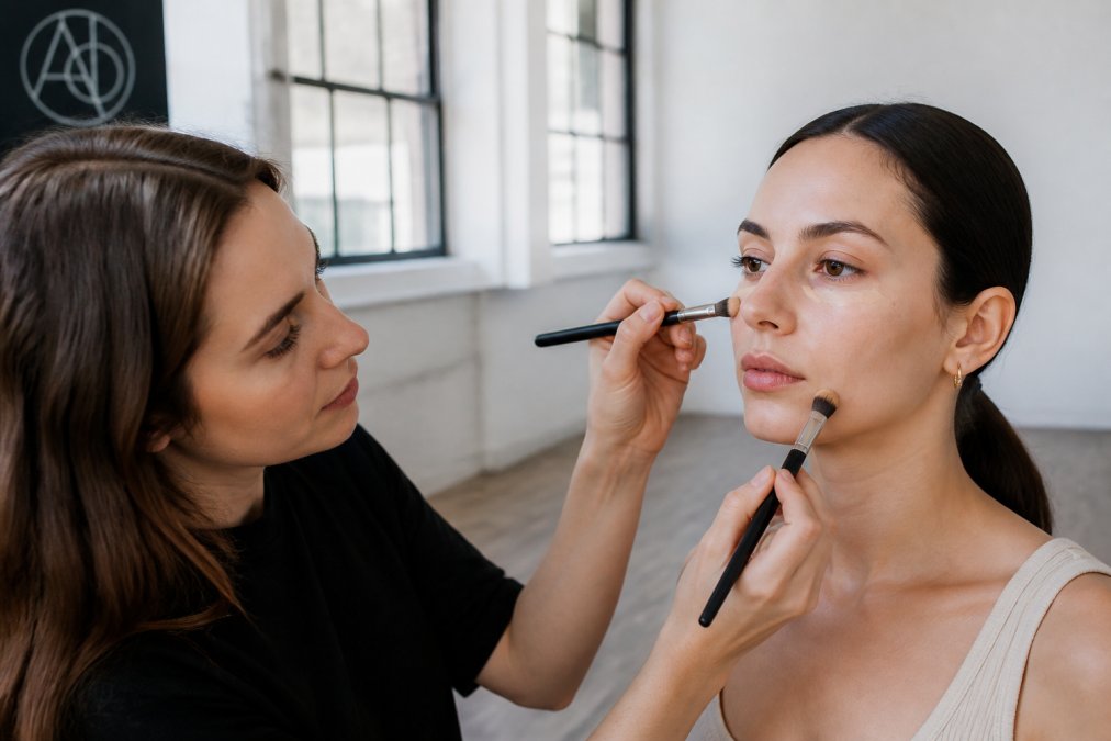 Professional demonstrating precise concealer and foundation application with blending brushes on freshly primed skin, showing proper technique with natural studio lighting