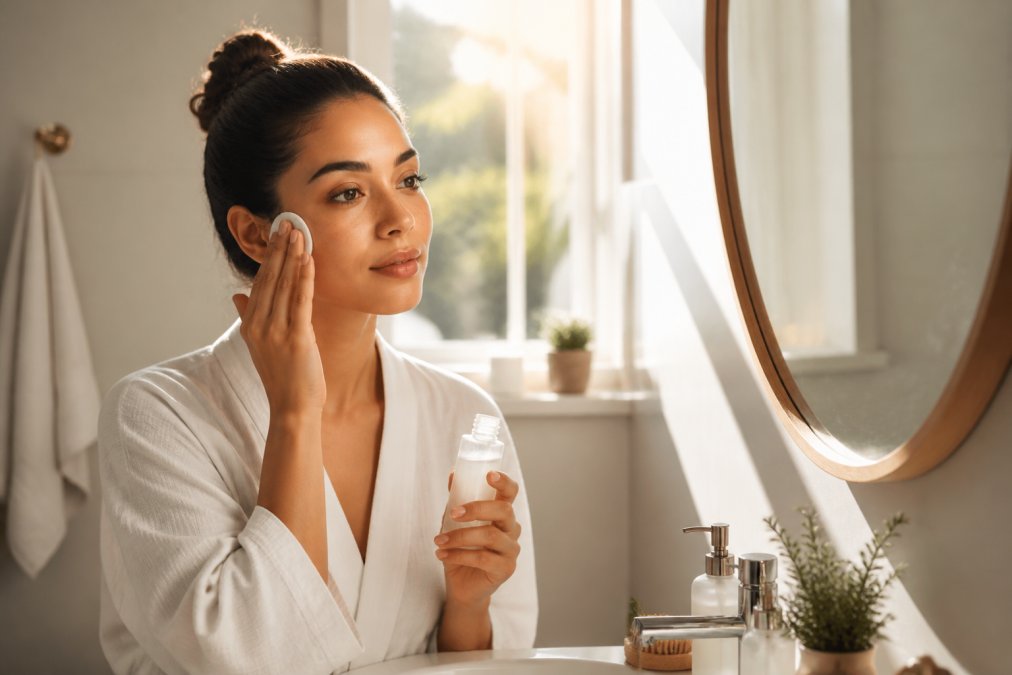 Woman applying hydrating toner and moisturizer to her face in morning skincare routine, natural morning sunlight streaming through bathroom window