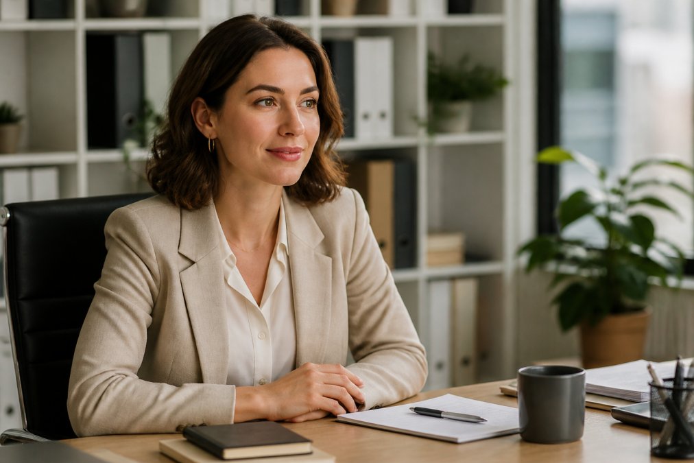 Professional woman at her office desk mid-afternoon, makeup still fresh and matte with no shine or fading visible, natural office lighting
