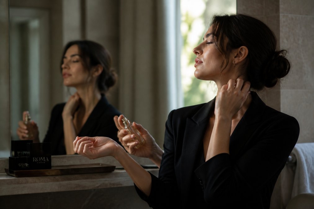 Woman applying perfume to her wrist and neck pulse points with soft natural lighting, demonstrating proper application technique in a bright, minimalist bathroom setting