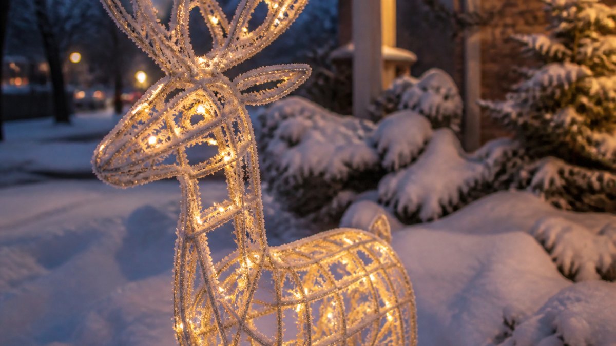 A close-up of a powder-coated metal reindeer light sculpture standing in a snowy front yard at dusk, with warm white LED lights glowing and frost visible on the coated surface