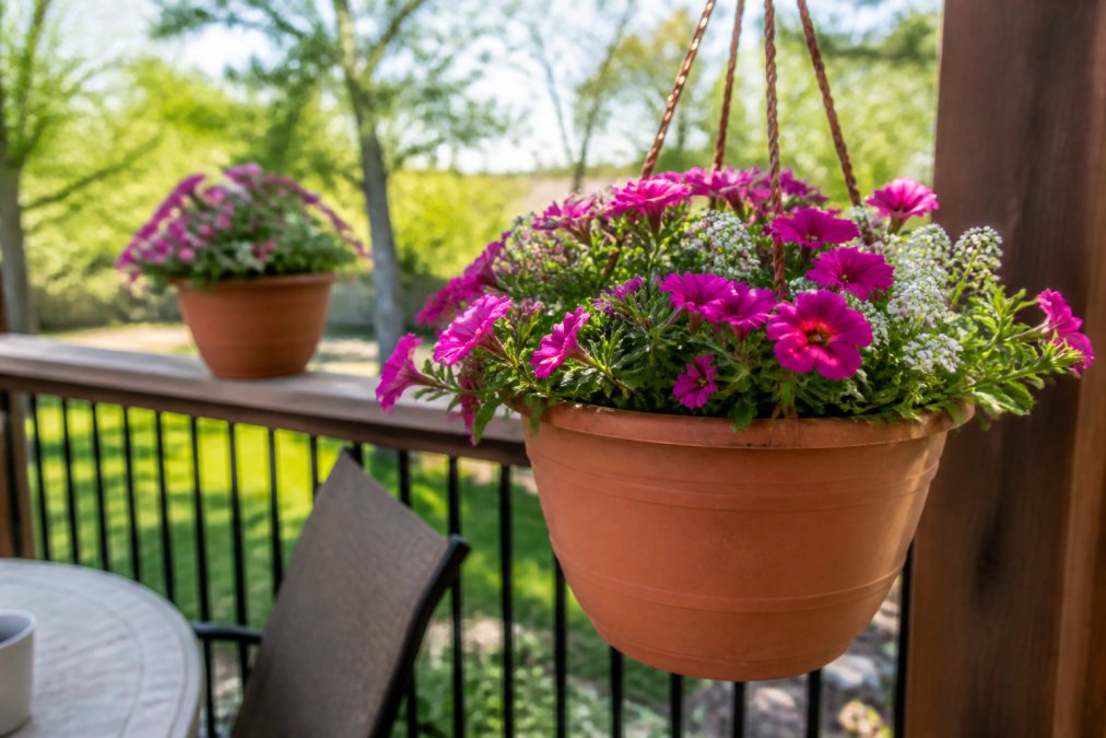 Close-up of a terra cotta colored hanging planter filled with bright flowers on a sunny patio, with a second planter visible on a railing behind it