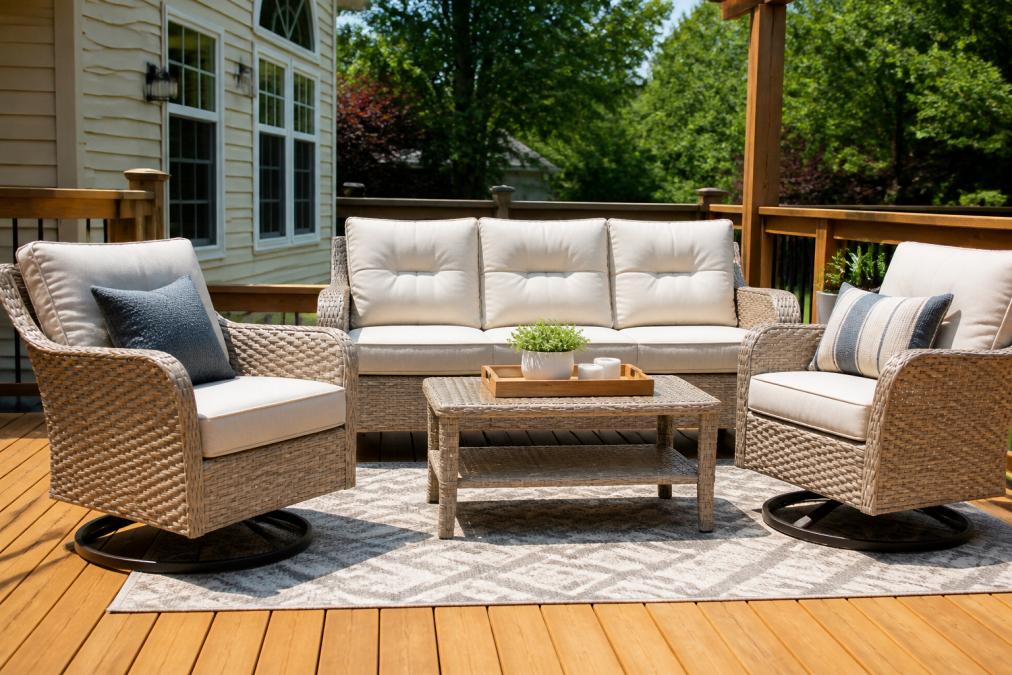 A sunlit backyard patio with a beige wicker conversation set, two swivel rocker chairs, and a small coffee table arranged on a wooden deck, cushions fluffed and ready for use
