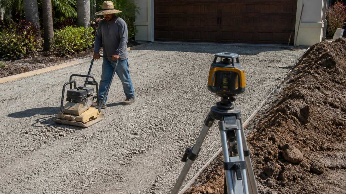 Long-Lasting Paver Driveway Installation Tips for 2026 2 A crew member using a plate compactor on a freshly graded gravel base for a residential driveway, with a laser level on a tripod nearby and excavated soil piled to the side